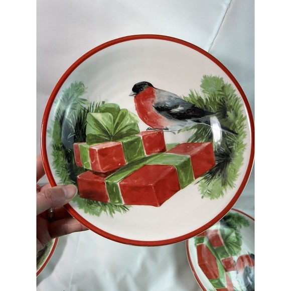 Set Of 6 Ceramica Cuore Italy Holiday Sparrow Serving Bowl 9" Red & Green - Picture 5 of 16